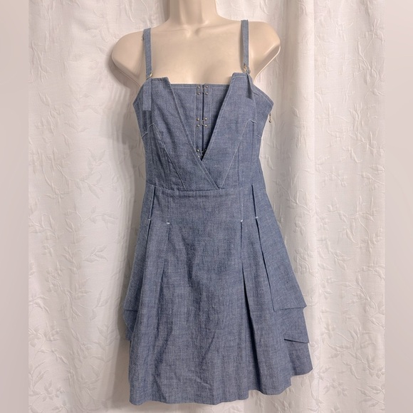 What’s good for the Goose-Anthropologie Y2K Denim A-Line, V-Neck Pleated Dress S - Picture 1 of 10